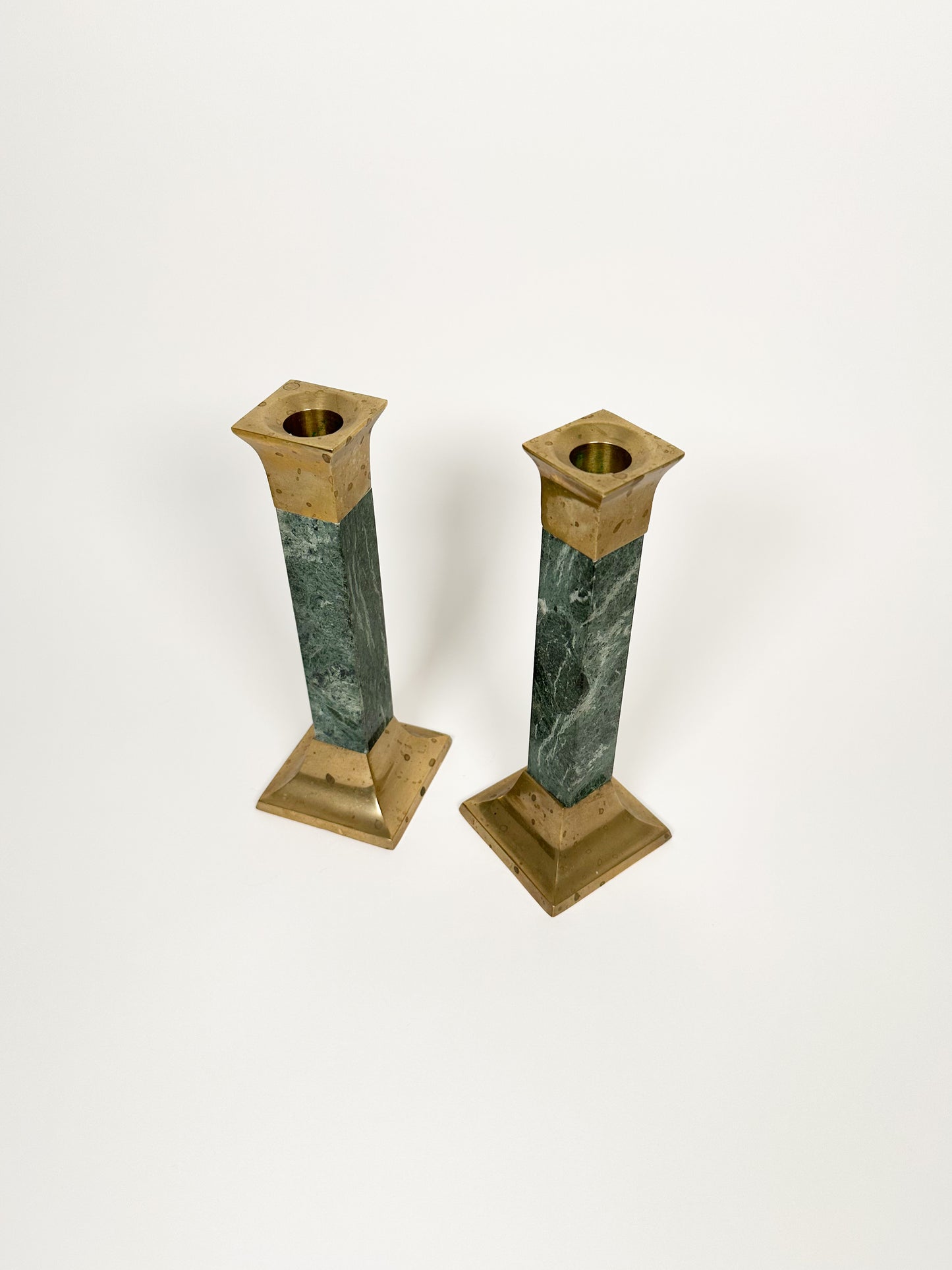 Green Marble & Brass Candlestick Holders