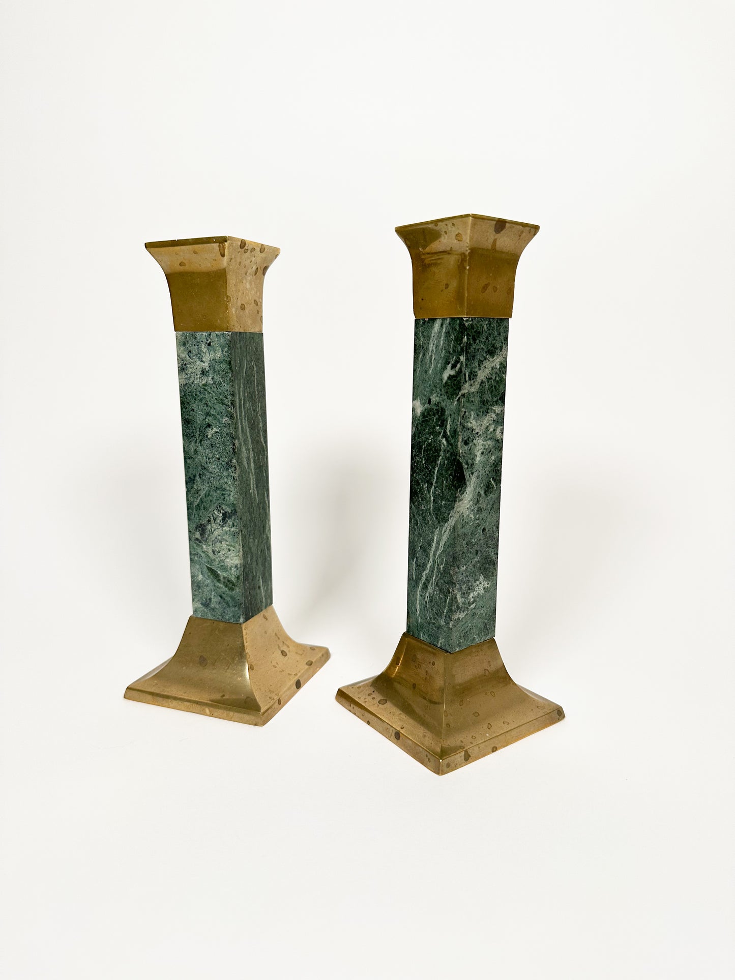 Green Marble & Brass Candlestick Holders