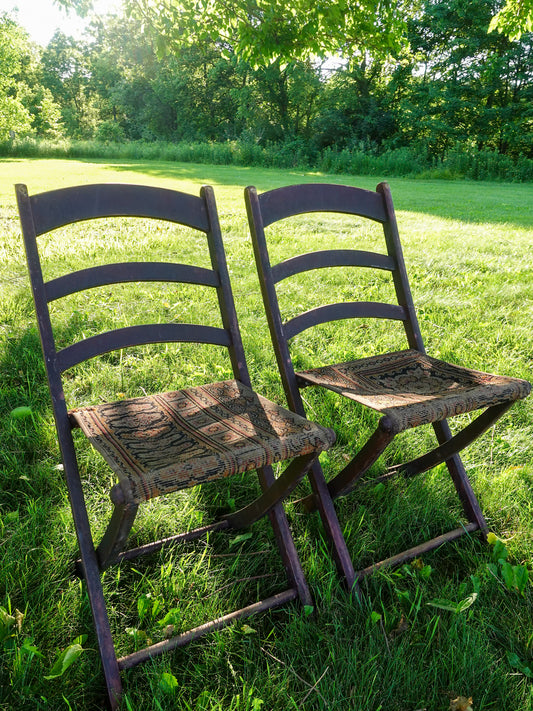 Antique Rug Folding Chair Pair