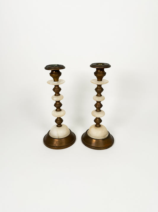 Vintage Brass & Marble Candle Holders
