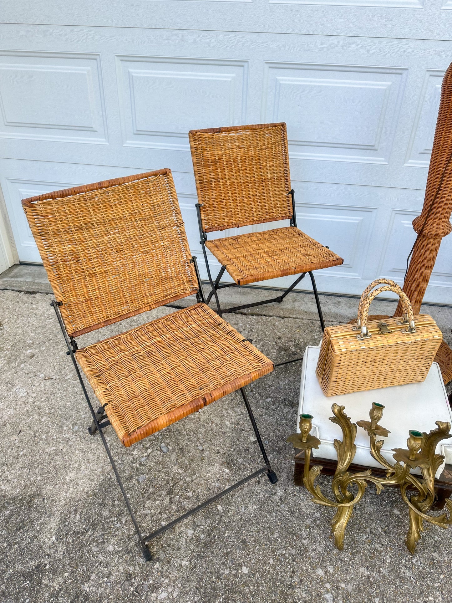 Vintage Wicker & Iron Folding Chairs